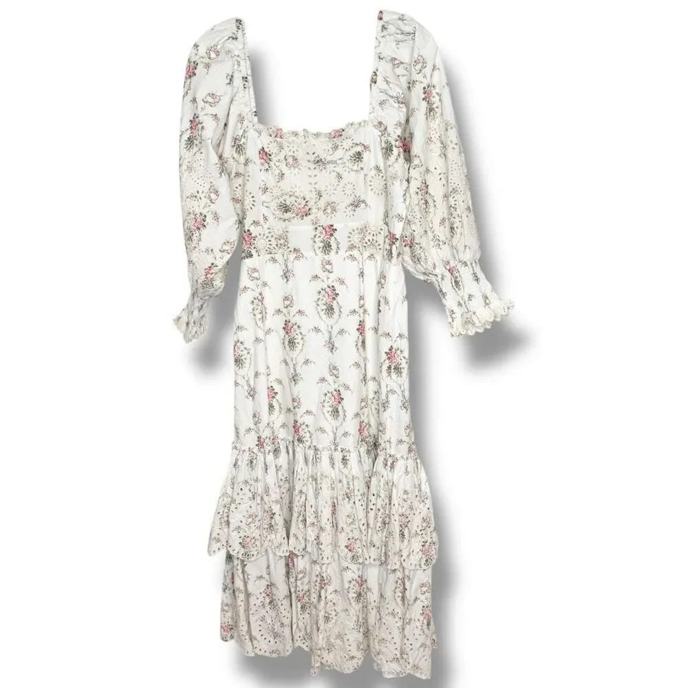 LoveShackFancy Toulon Midi Vanilla Kisses Embroidered Ruffle Dress Women’s Sz 6 - Picture 8 of 14